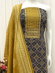 Unstitched Pure Cotton Salwar Material with Ajrakh Print