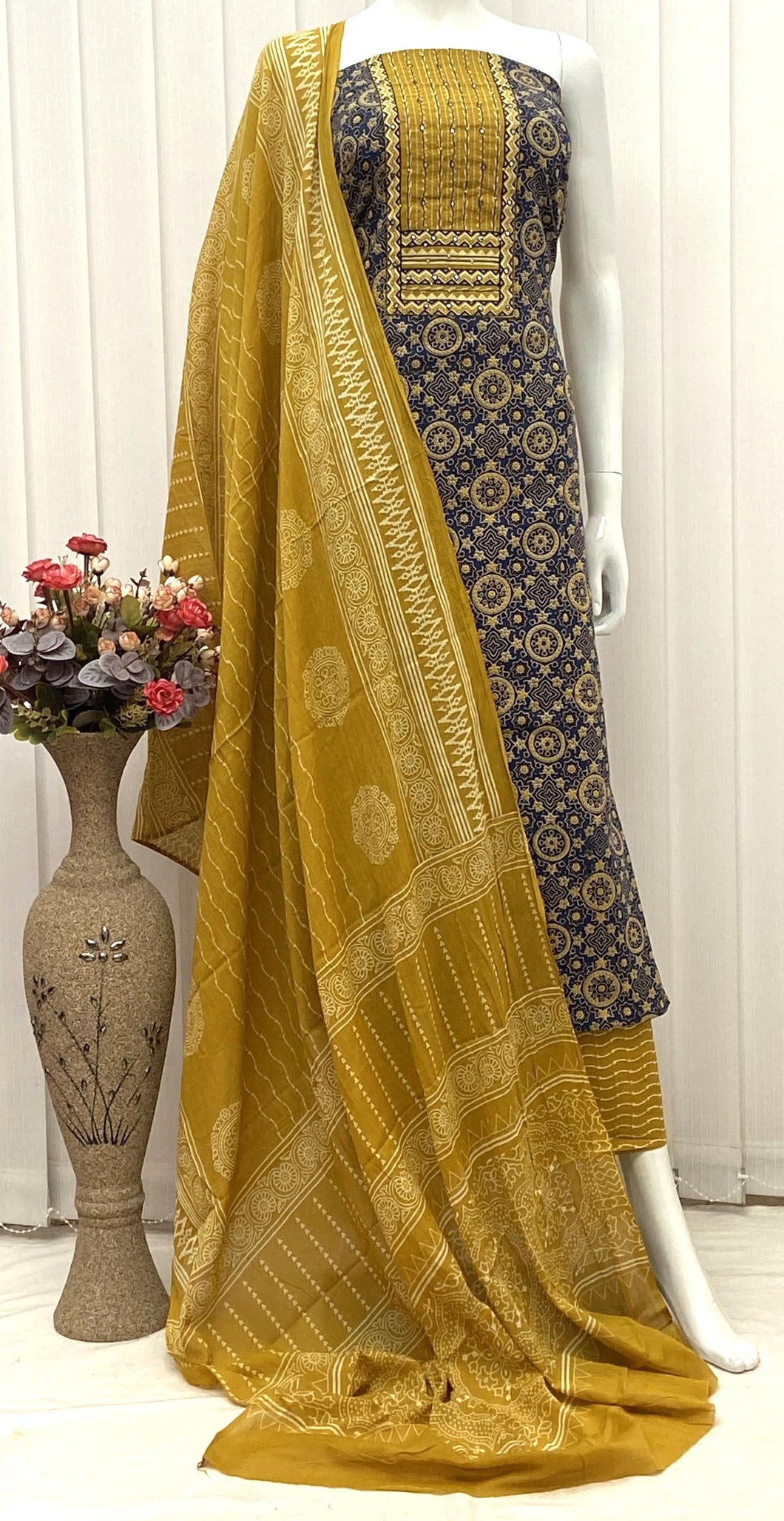 Unstitched Pure Cotton Salwar Material with Ajrakh Print