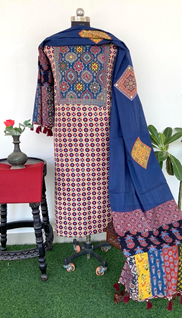 Ajrakh Dress Material/ Modal Silk Ajrakh Suit - SSEthnics