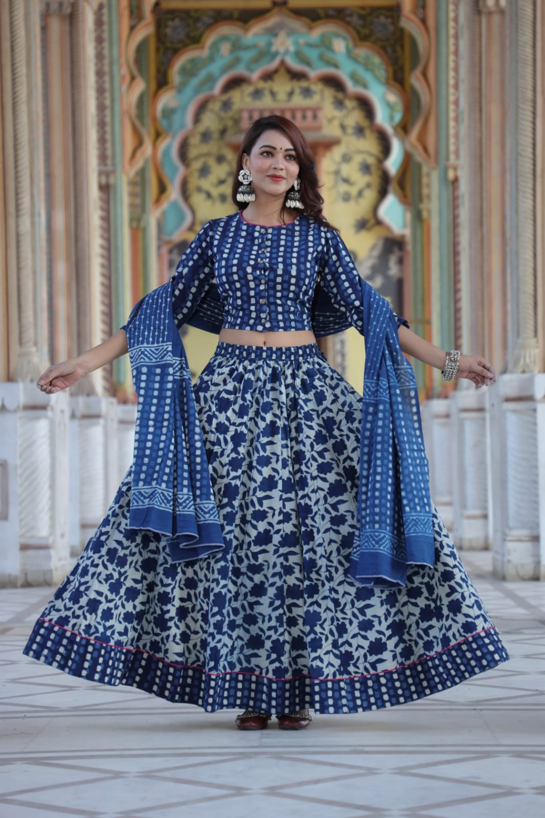 Party Wear Printed Indigo Cotton Hand Block Lehenga Choli at Rs 1800 in  Jaipur