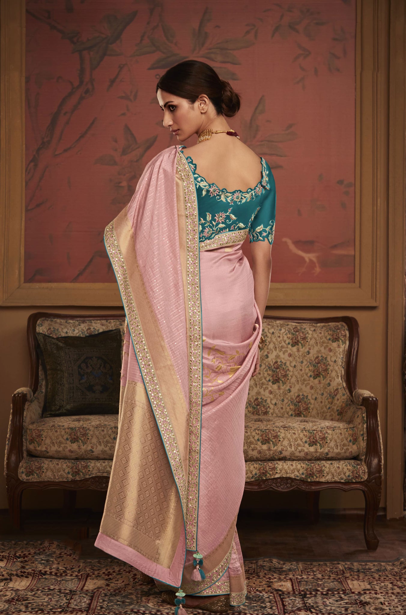 Borderless chocolate brown color sparely checked design kamala silk saree,  contrast ikkat-style digital printed blouse
