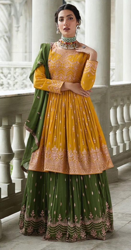 Buy Banuka Yellow Colour Georgette Embroidered Kurta With Georgette Sharara  And Net Dupatta by Designer PAYAL SINGHAL Online at Ogaan.com