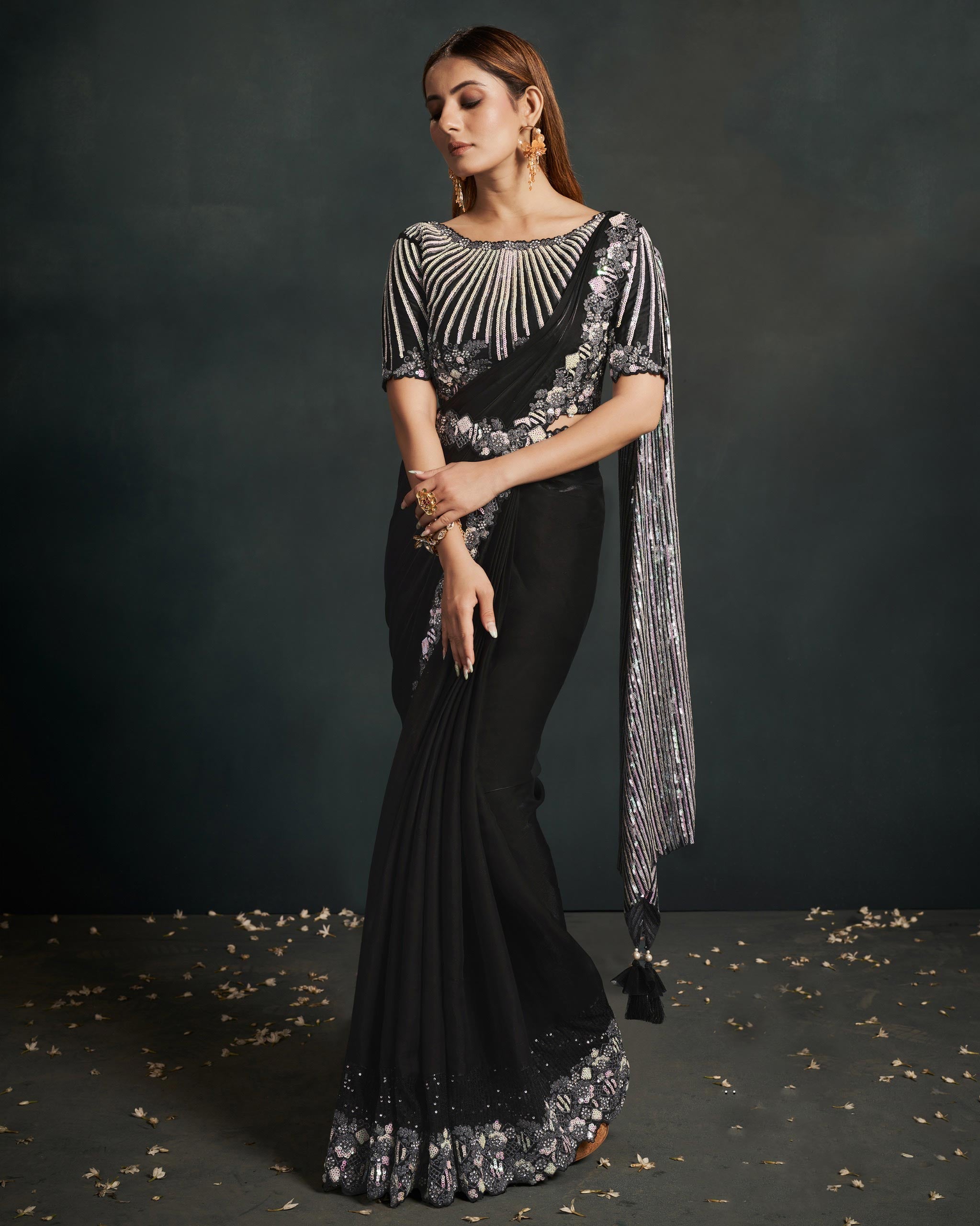 Black Designer Silk Crepe Readymade Saree – Yes We Shop