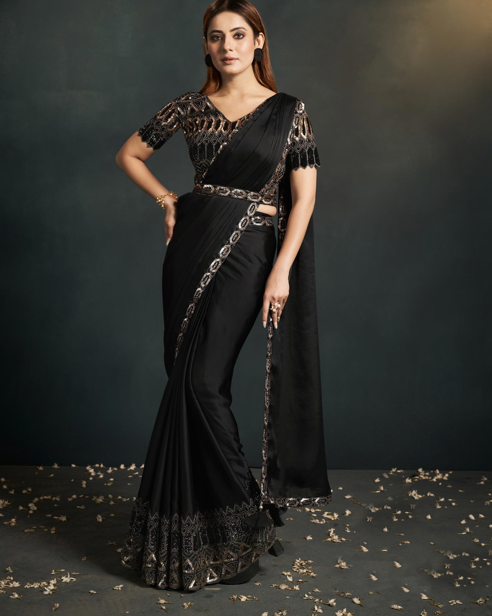 Buy Black Armani Satin Plain Aalia Pleated Pre-stitched Saree For Women by  SAANJH BY LEA Online at Aza Fashions.