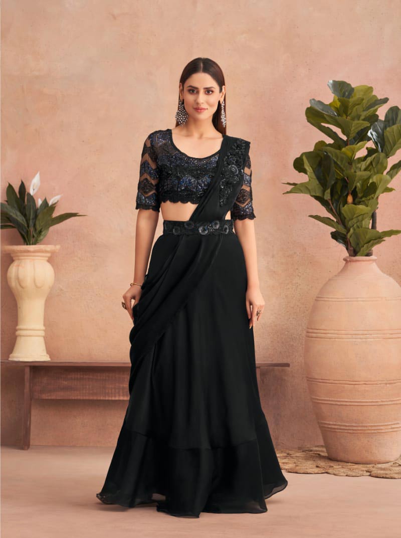 Black Stone Work Saree With Blouse Latest 4948SR08