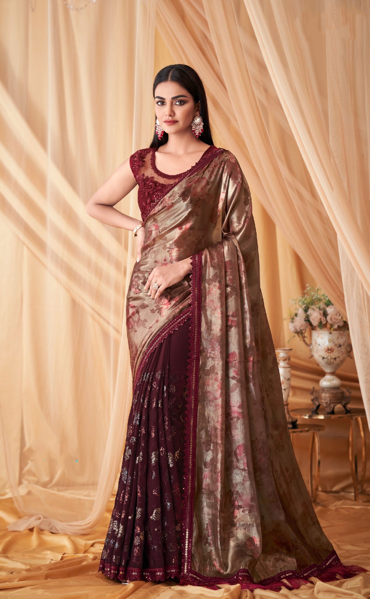 Wine Foil Printed Georgette Saree