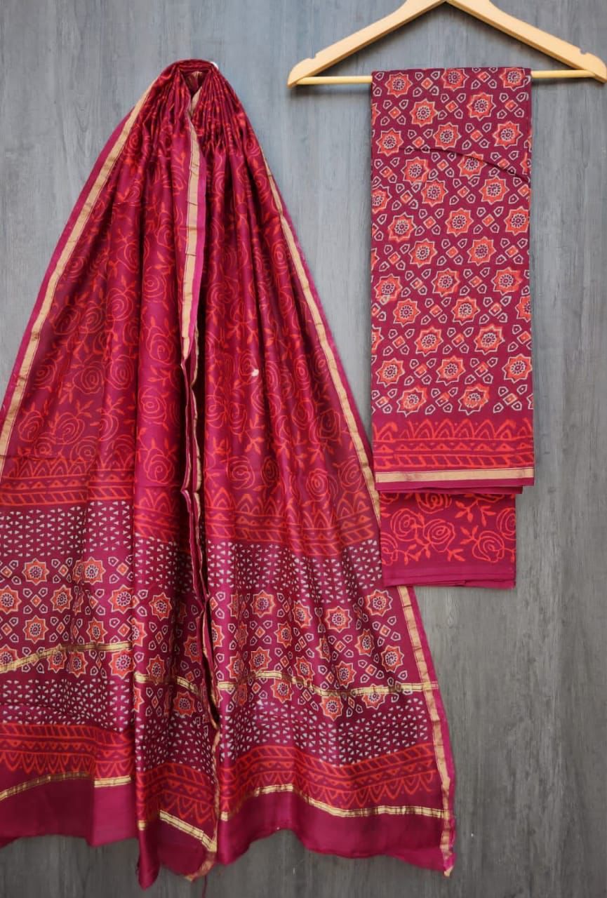 Chanderi silk dress material 3 piece chanderi silk suit material with  handblock print sea green code 3