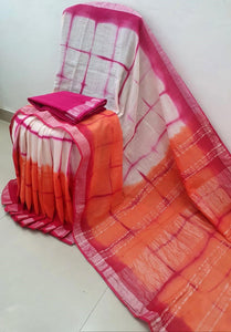 Bagru printed linen mix cotton saree with silver zari border