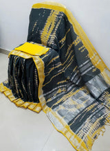 Load image into Gallery viewer, Bagru printed linen mix cotton saree with silver zari border
