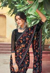 Floral Printed Georgette Saree With Contrast Blouse