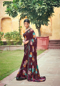 Floral Printed Georgette Saree With Contrast Blouse