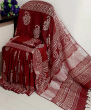 Load image into Gallery viewer, Bagru printed linen mix cotton saree with silver zari border
