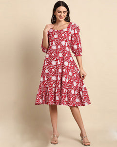 Red Cotton Self Printed Western Dress