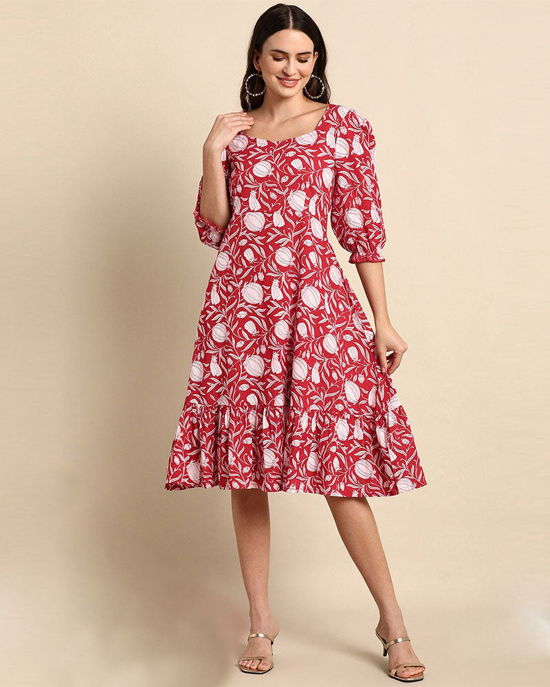 Red Cotton Self Printed Western Dress