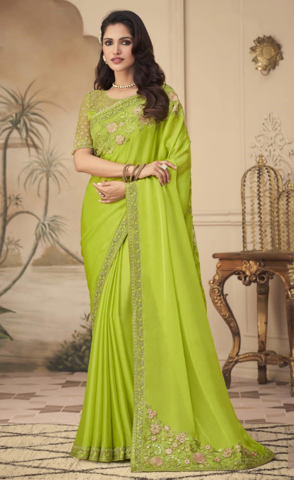 Light Green Orange Silk Designer Saree