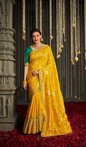 Stunning Yelllow Saree With Contrast Blouse