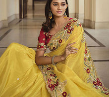 Load image into Gallery viewer, Golden Yellow Designer Saree with Heavy Embroidery
