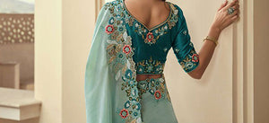 Sea Blue Bridal Wear Saree With Designer Blouse