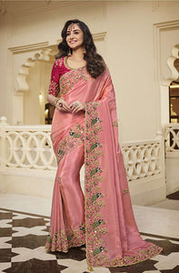 Coral Pink Designer Heavy Embroidery Saree