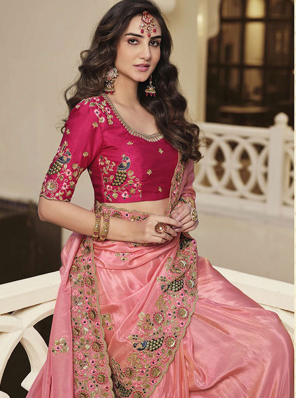 Coral Pink Designer Heavy Embroidery Saree