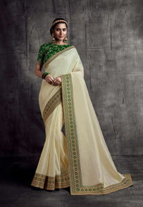 Designer Pearl White Saree with Green
