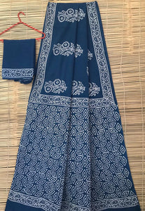 Pure Cotton Hand Block Printed Saree With Contrast Blouse