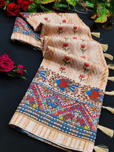 Handloom Cotton Saree with Madhubani Print