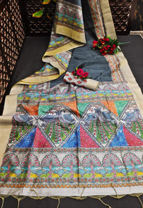 Handloom Paper Silk Saree With Madhubani Print