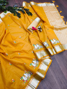 Linen Silk Saree with Applique Embroidery Work
