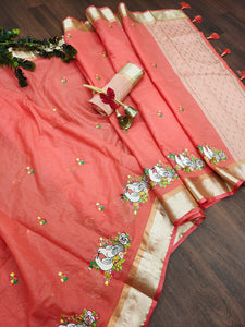 Linen Silk Saree with Applique Embroidery Work